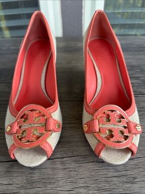 Tory Burch Coral-Trim Peep-Toe Wedges with Gold Logo
